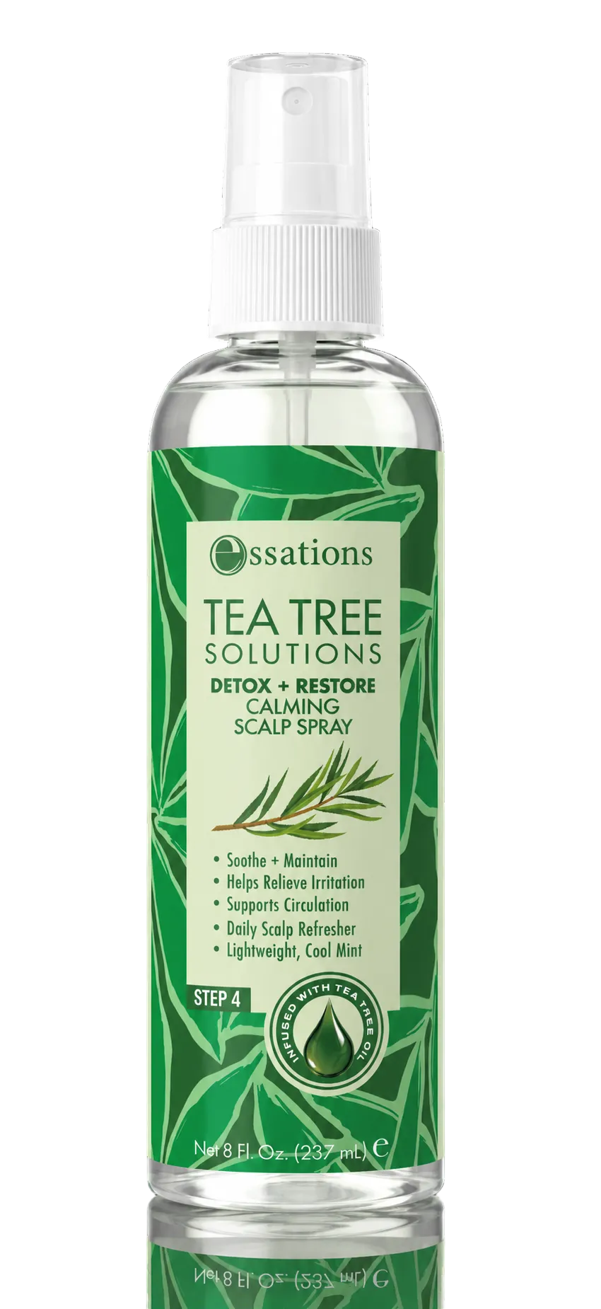 A bottle of Essations Tea Tree Solutions Detox + Restore Calming Scalp Spray on a solid black background with a reflection below. The bottle is clear, showing the liquid inside, and features a prominent green label with white text and illustrations of tea tree leaves.