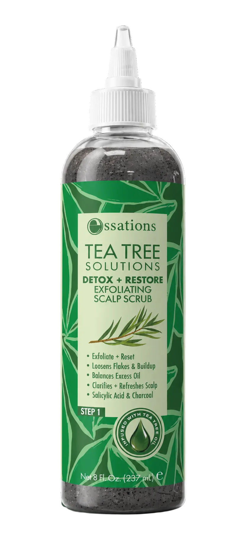 A bottle of Essations Tea Tree Solutions Detox + Restore Exfoliating Scalp Scrub, featuring a green and white label with a white applicator cap, set against a solid black background.