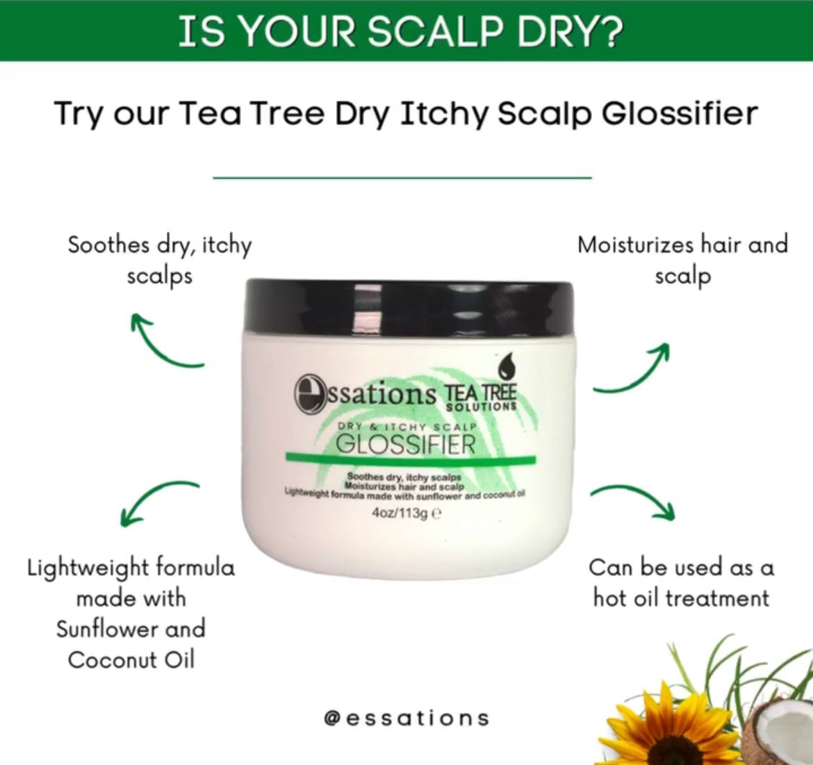 Tea Tree Solutions Dry & Itchy Scalp Glossifier by Essations